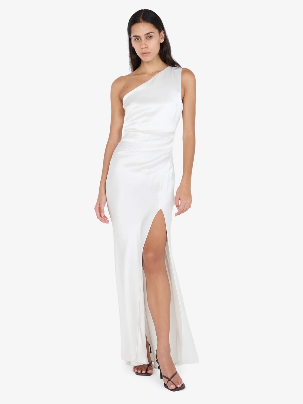Bec & Bridge One-Shoulder White Satin Slit Gown